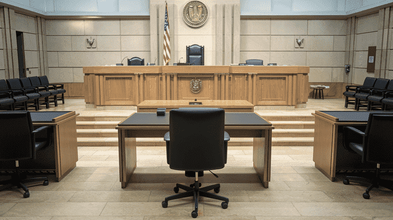 Empty defendant’s table in a courtroom with a judge’s bench in the background.