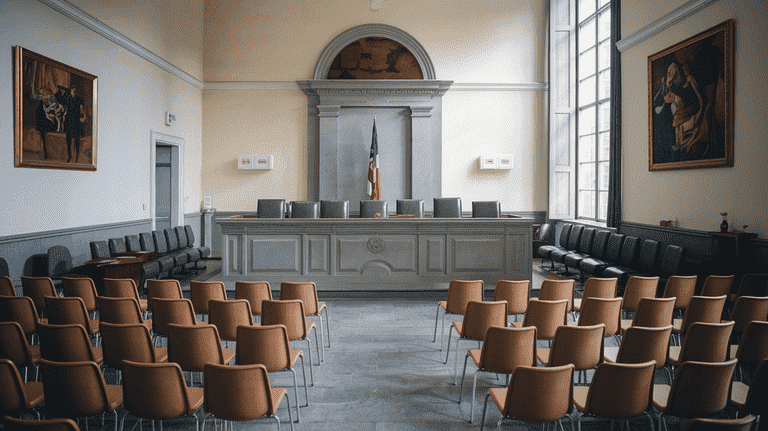 Empty courtroom with judge’s bench and chairs.