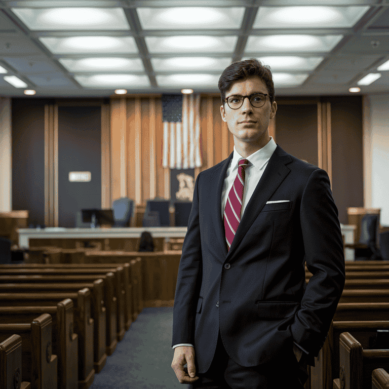 A criminal defense attorney discussing a case in a courtroom.