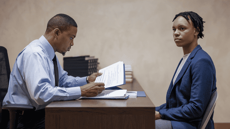 Immigration officer reviewing documents while speaking with an individua