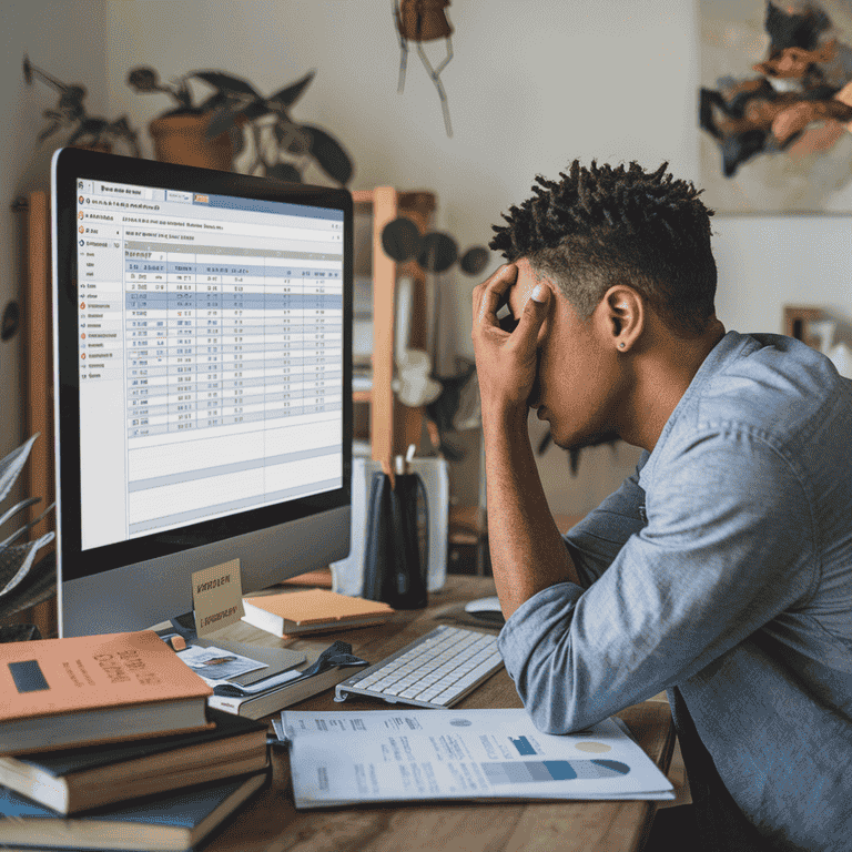 A person viewing unexpected expenses on a computer screen with scattered documents and bills, representing overruns in a litigation budget.