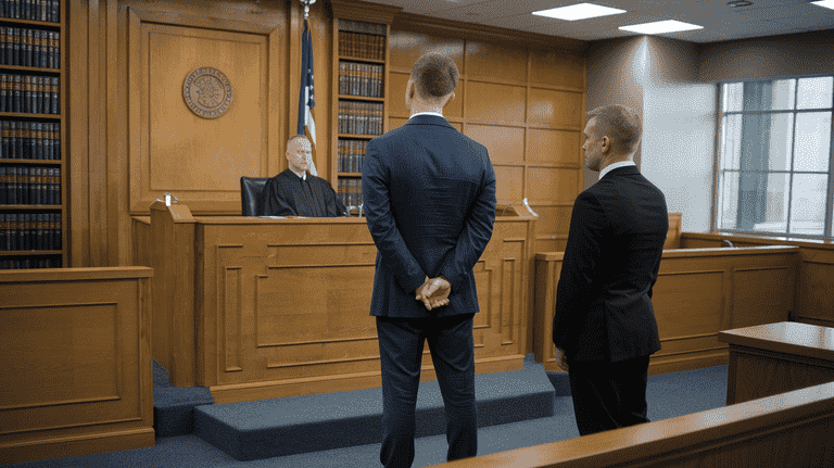 Nevada arraignment - Defendant standing before a judge with legal counsel in a courtroom.