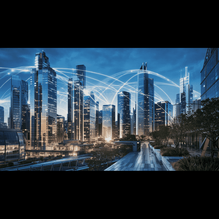 Futuristic cityscape with digital networks symbolizing digital transformation