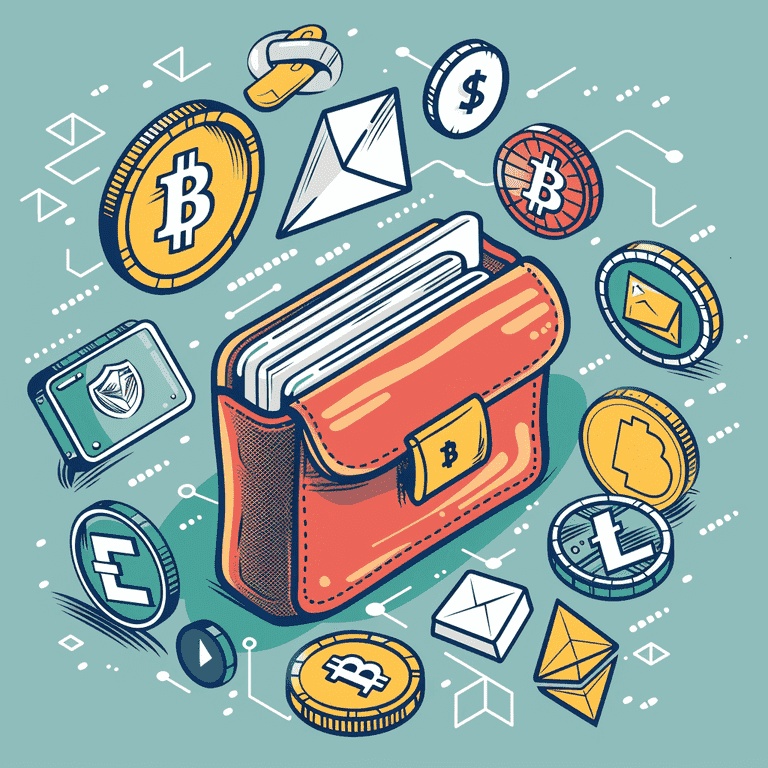 Illustration of a digital wallet surrounded by cryptocurrency icons like Bitcoin and Ethereum.