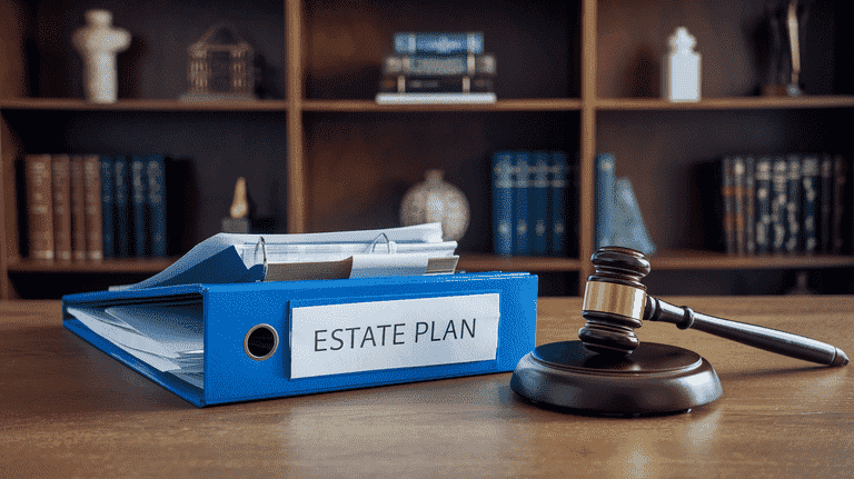 Open estate plan folder with legal papers and a gavel, representing the legal updates required after divorce.