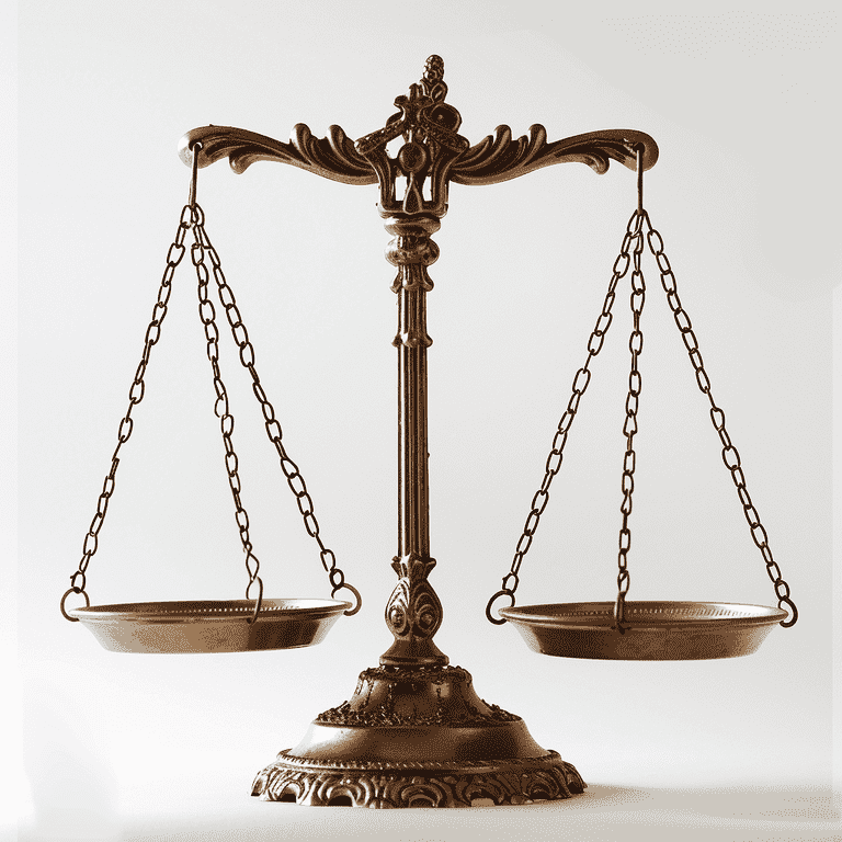 Scales of justice balancing traditional legal symbols and digital elements.