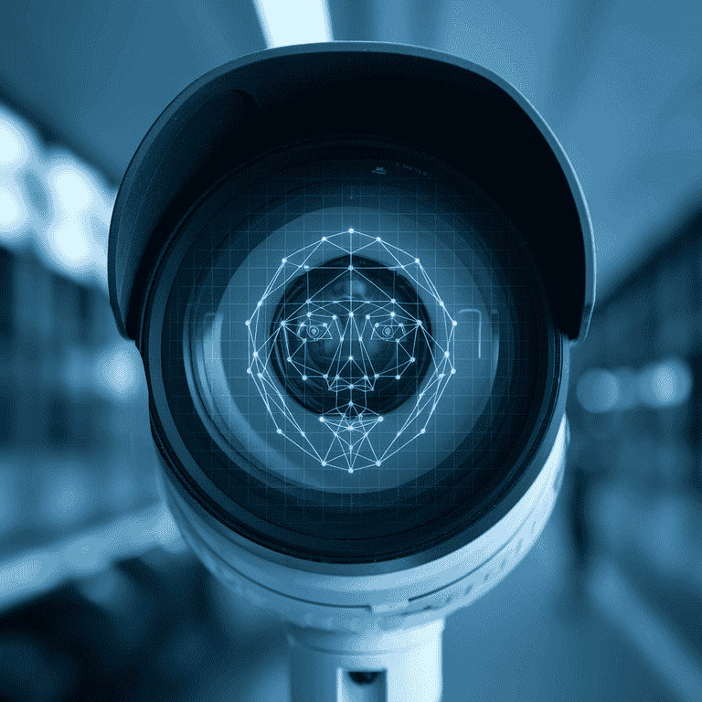 Surveillance camera with digital facial recognition overlay showing grid pattern and facial landmarks.