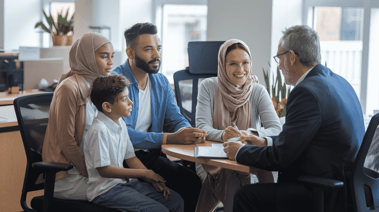 A diverse family consulting with a legal advisor in an office, representing the unique challenges non-U.S. citizens face in family law matters.