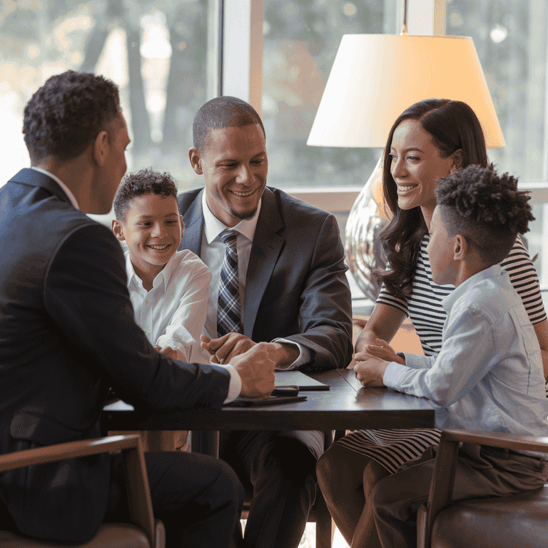 A family seated with a financial advisor, reviewing documents and discussing budgeting in a family law setting.