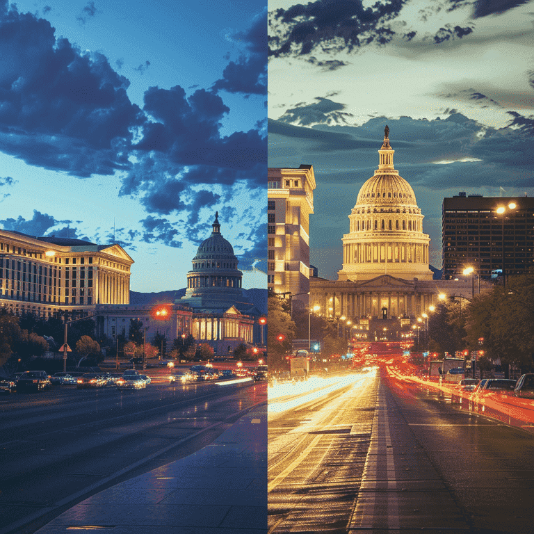 Split image showing the U.S. Capitol and Nevada State Capitol, representing federal versus state law.