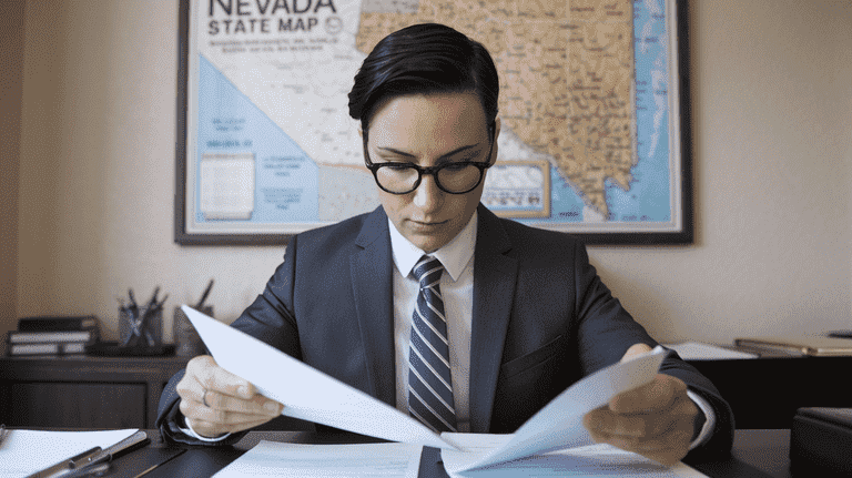 Person reviewing divorce paperwork with a Nevada state map in the background.