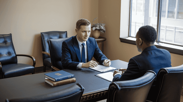 A potential client and lawyer sitting across a table with legal books and documents, representing the process of finding legal representation.