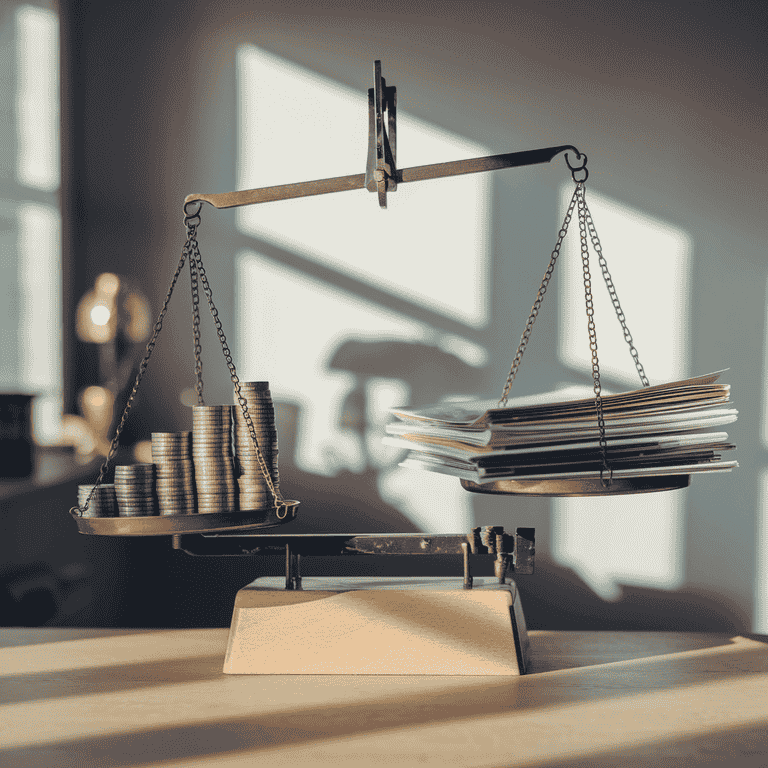 Balanced scale with coins and financial documents, symbolizing the role of forensic accounting in divorce finances.