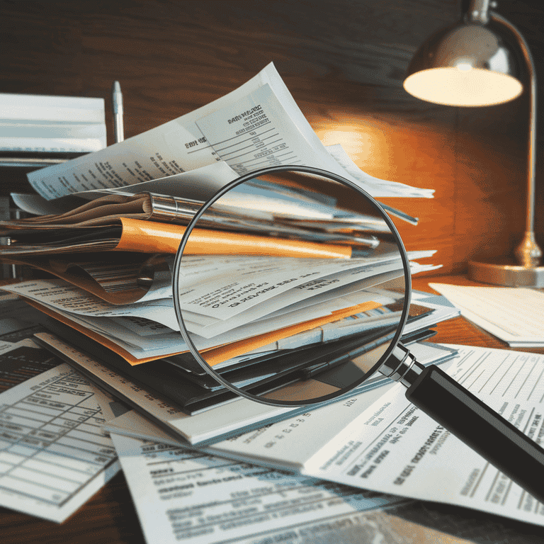 Magnifying glass examining financial documents representing forensic accounting investigation.