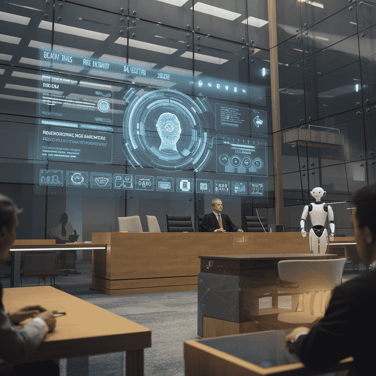 Futuristic courtroom with AI displays and robot assistant, illustrating potential developments in machine learning law.