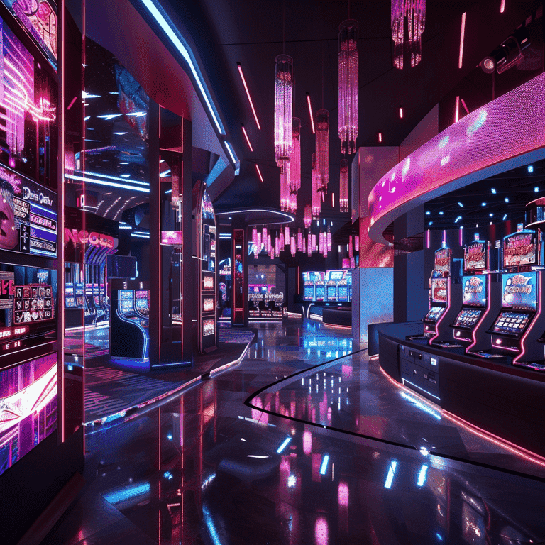 Futuristic casino with digital screens, slot machines, and virtual reality gaming stations.