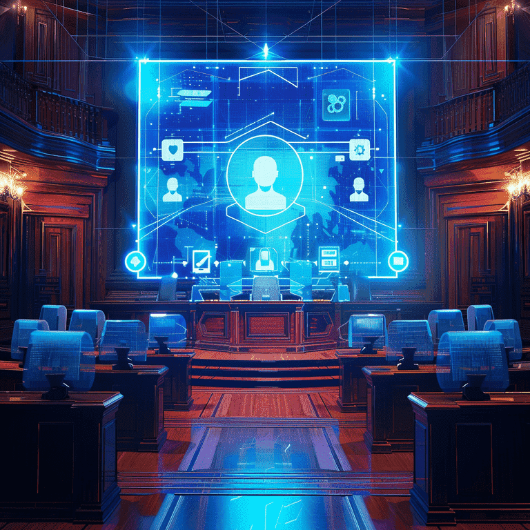 Futuristic digital courtroom with holographic social media icons, AI analytics, and digital forensics elements.