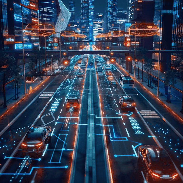 Futuristic cityscape with autonomous vehicles on roads, dedicated AV lanes, and smart traffic signals showing the future of transportation.