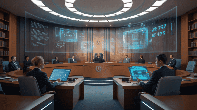 Futuristic courtroom with holographic legal documents and AI technology.