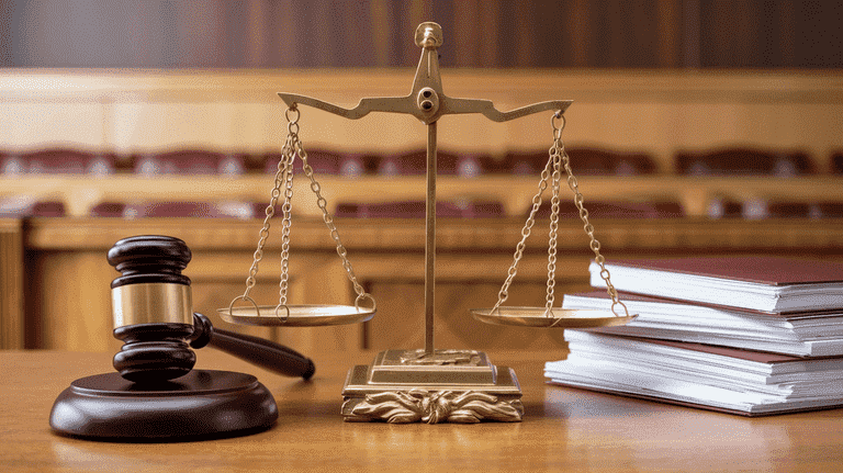 Balanced scale of justice with legal documents and a gavel.