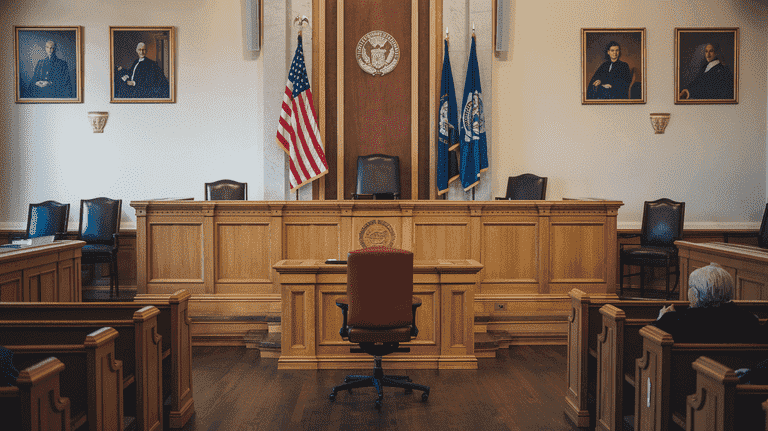 Courtroom setting with the defendant's chair facing the judge’s bench.