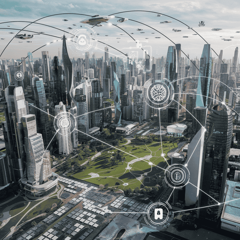 Futuristic cityscape with digital lines and technology icons representing the impact of advancements on legal frameworks.