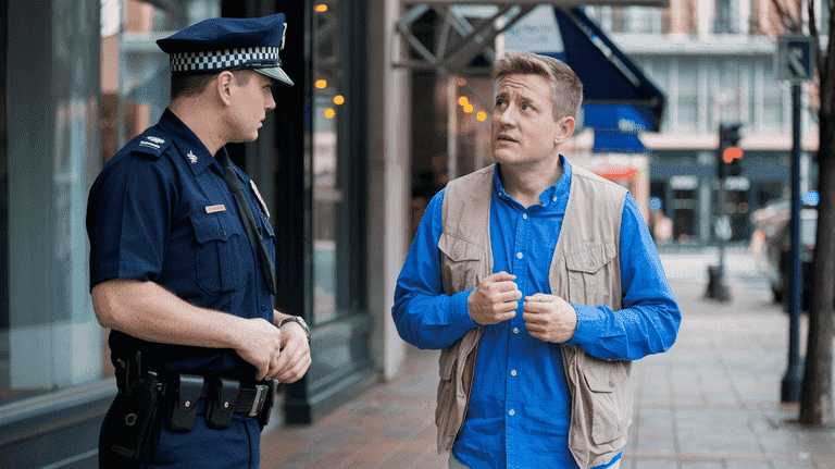 Concerned tourist interacting with a police officer in an urban setting.