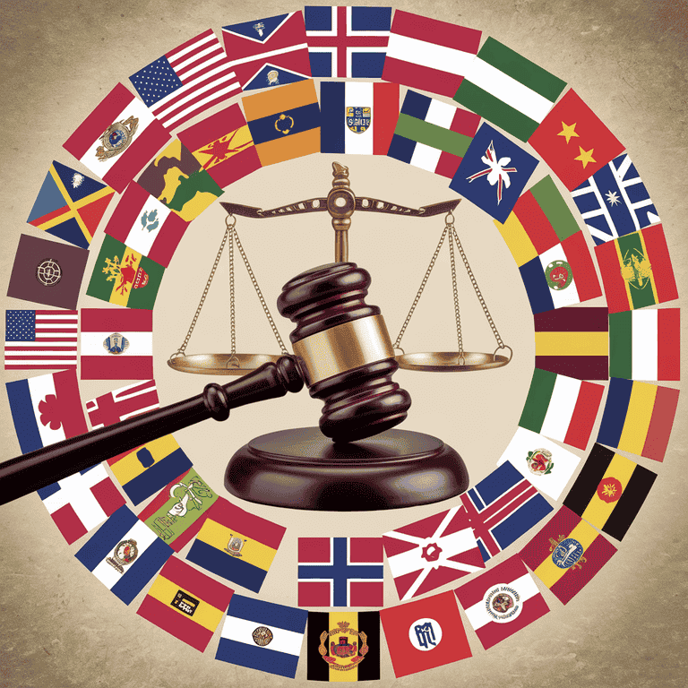 International flags with gavel and scales of justice overlay