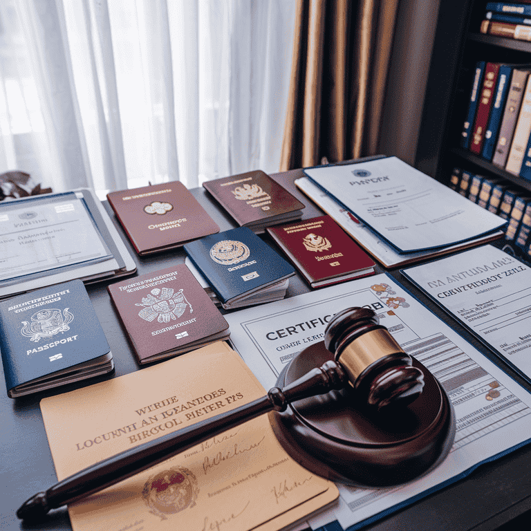  International documents and a gavel representing evidence in cross-border custody cases