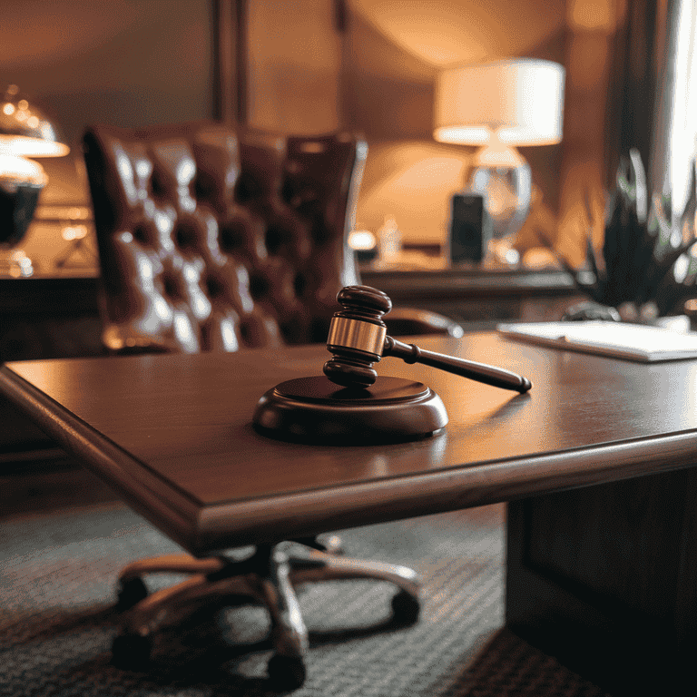 Judge's gavel resting on a wooden desk