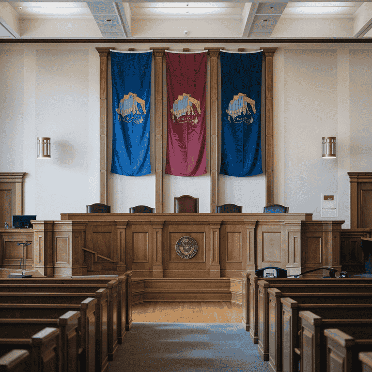 Empty courtroom with judge's bench and Nevada state flags, representing the legal setting for Nevada annulment cases in Las Vegas.