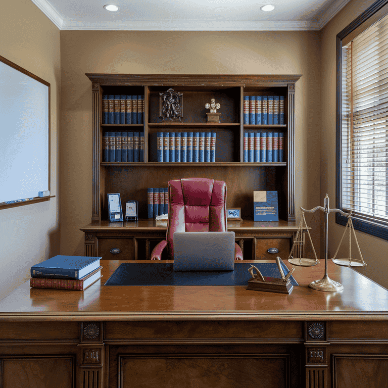 Attorney's office with legal books, a laptop, and a scale of justice, representing the role of legal representation in Las Vegas annulments.