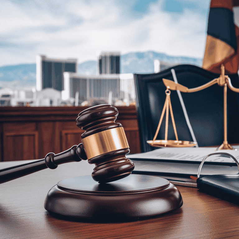 Gavel and legal documents on a desk with the Las Vegas skyline in the background, representing the annulment process in Las Vegas.