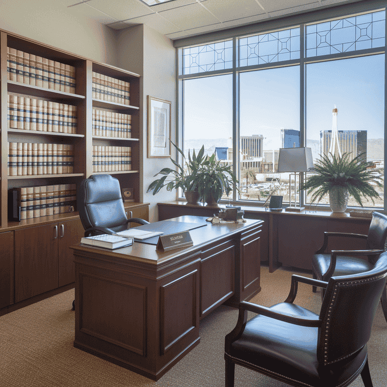 Law office interior with books and Las Vegas skyline view