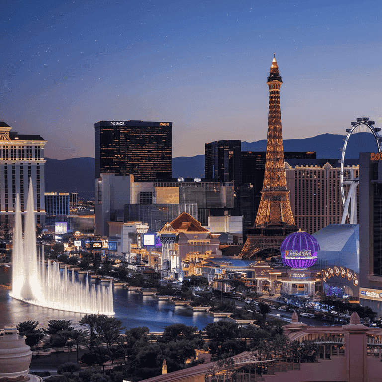 Las Vegas skyline at night, illuminated Strip with casinos and hotels