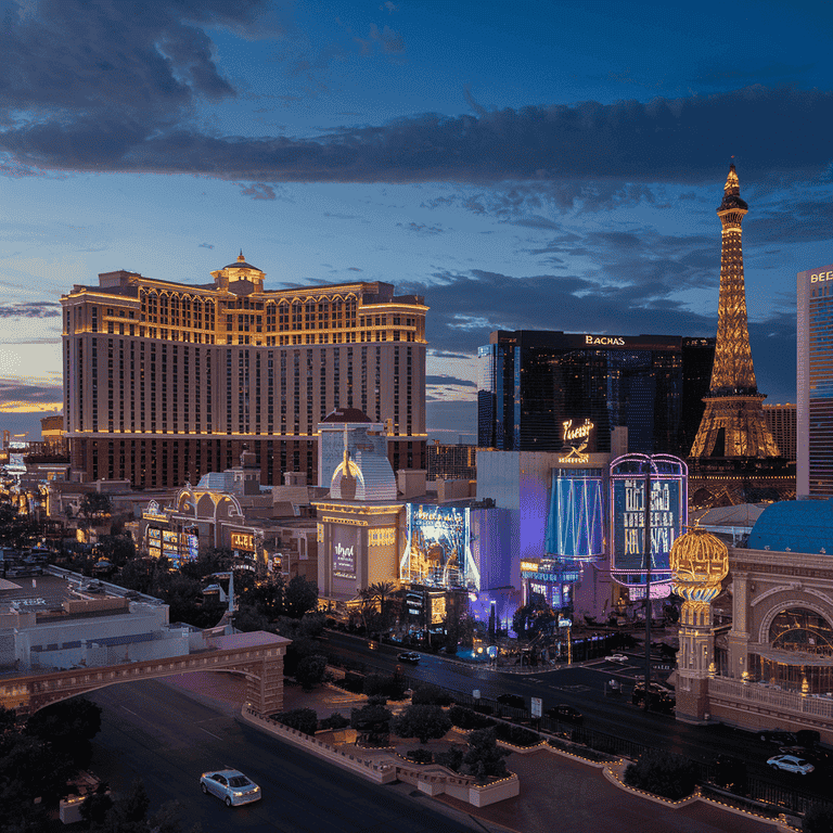 Panoramic nighttime view of the Las Vegas Strip with brightly lit hotels and neon signs.