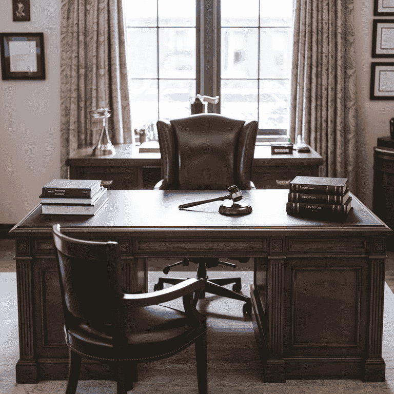 A lawyer's office with legal books and a gavel, symbolizing legal expertise.