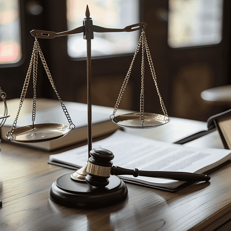 Gavel and scales of justice on a desk, representing legal defenses and penalties in revenge porn cases.