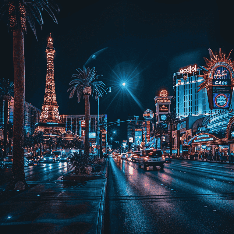 The Las Vegas Strip at night with illuminated casinos and neon lights.