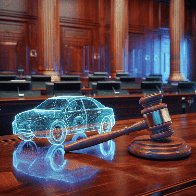 Courtroom setting with a judge's gavel and an illustration of an autonomous vehicle, representing legal implications.