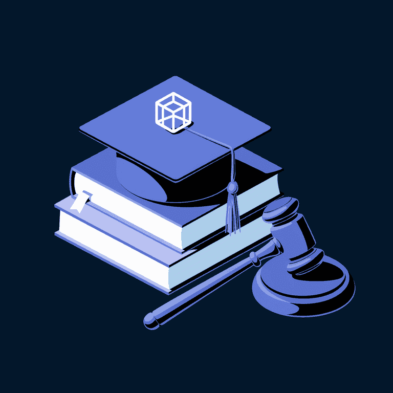 Graduation cap with blockchain icon on law books and digital gavel