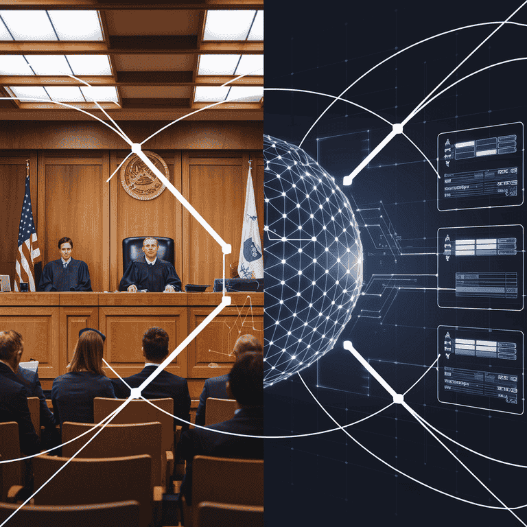 Traditional courtroom merging with digital blockchain interface