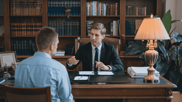 Lawyer explaining legal documents to a tourist during a consultation.