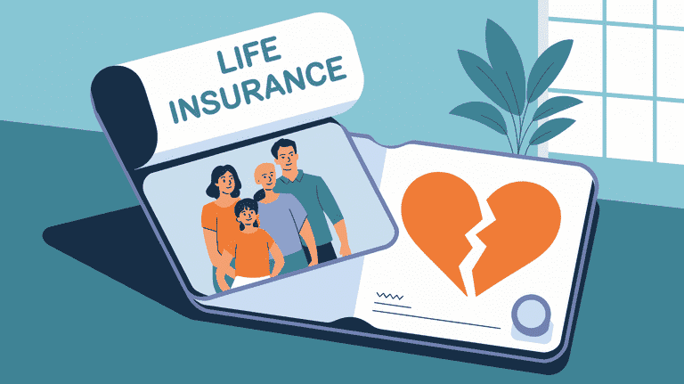 Life insurance policy with a family photo and a broken heart symbol, illustrating the impact of divorce on estate planning and insurance.