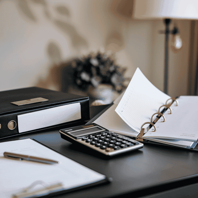 A calculator and financial planner next to a legal folder, symbolizing the financial and legal challenges of managing litigation budgets.