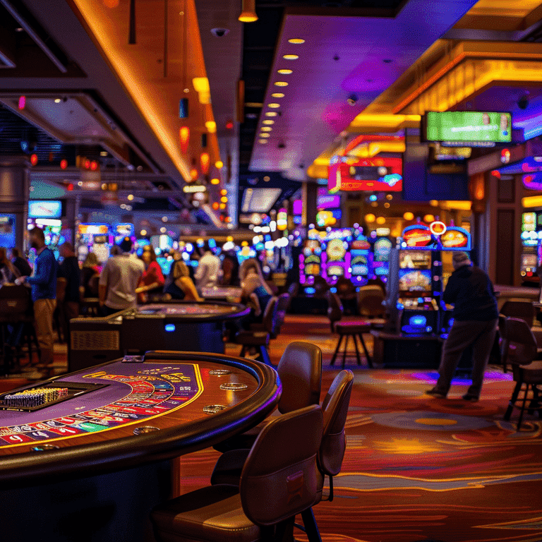 Busy casino floor in Nevada with table games and slot machines.