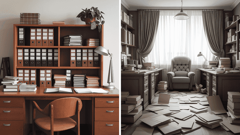 Split image of an organized and disorganized workspace, symbolizing common mistakes to avoid in a Nevada divorce.