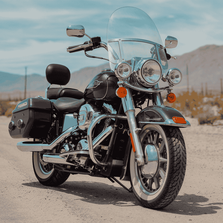 A close-up view of a well-equipped motorcycle showing mirrors, lights, and turn signals, parked on a Nevada road.