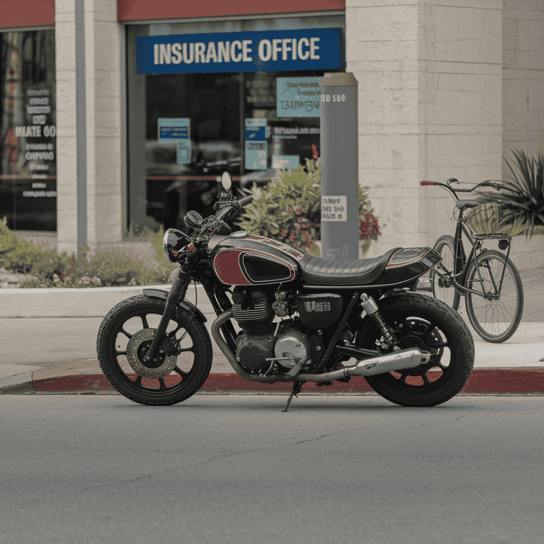 A motorcycle parked outside an insurance office in Nevada with a sign advertising motorcycle insurance.