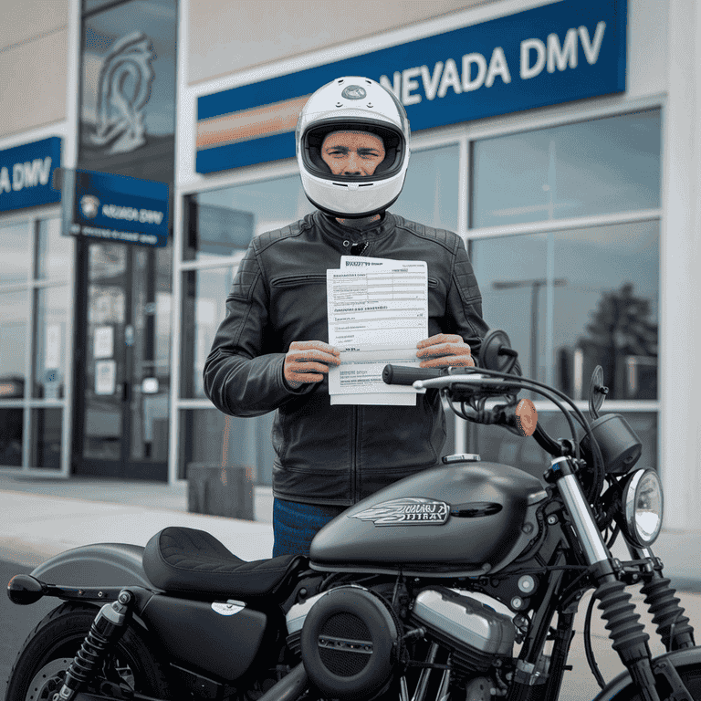 A motorcyclist holding registration paperwork outside a Nevada DMV office with a parked motorcycle.